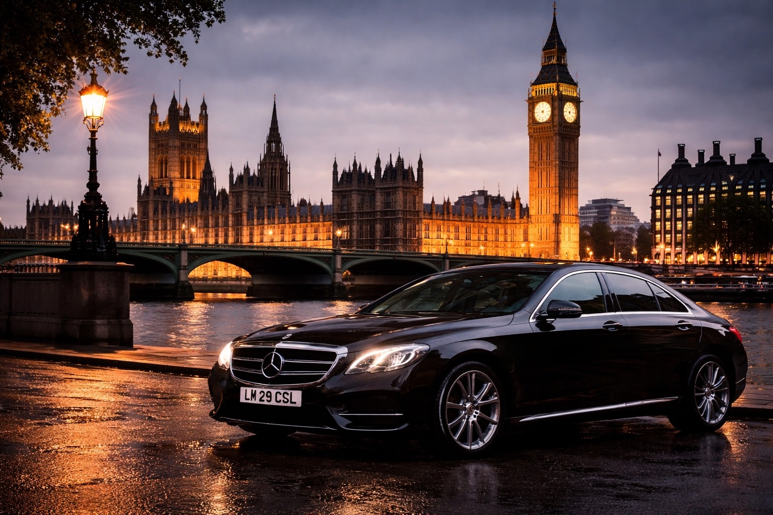 Car Service Heathrow Mercedes S-Class outside hotel