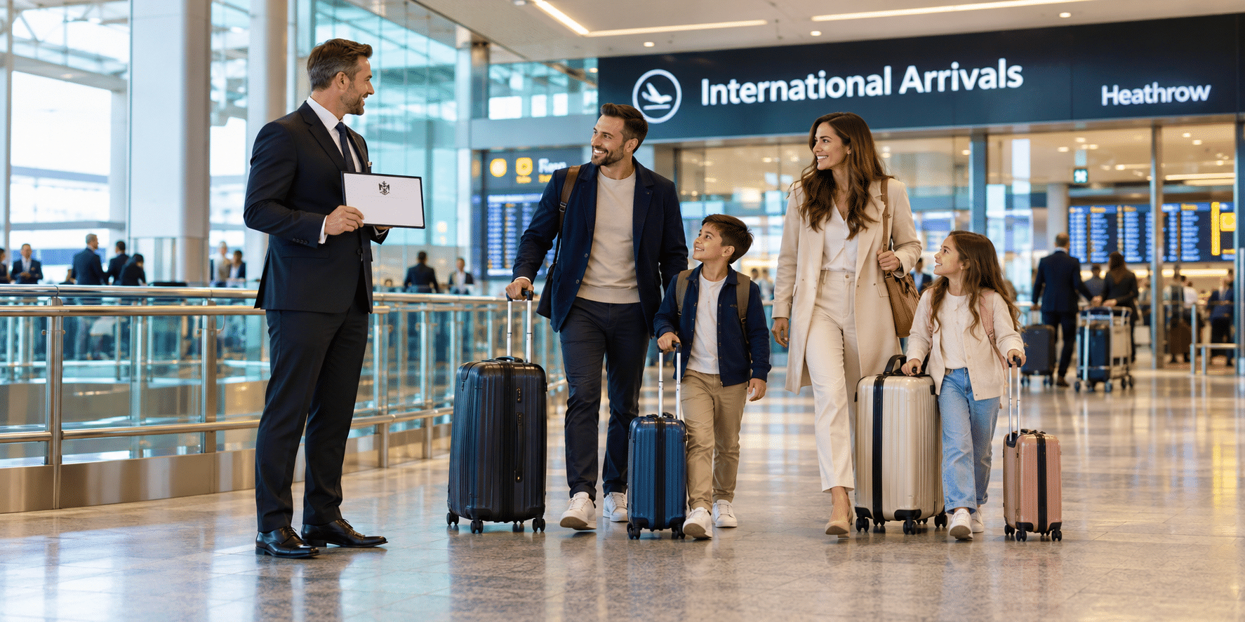 Heathrow Meet and Greet chauffeur service welcoming passengers inside the airport terminal