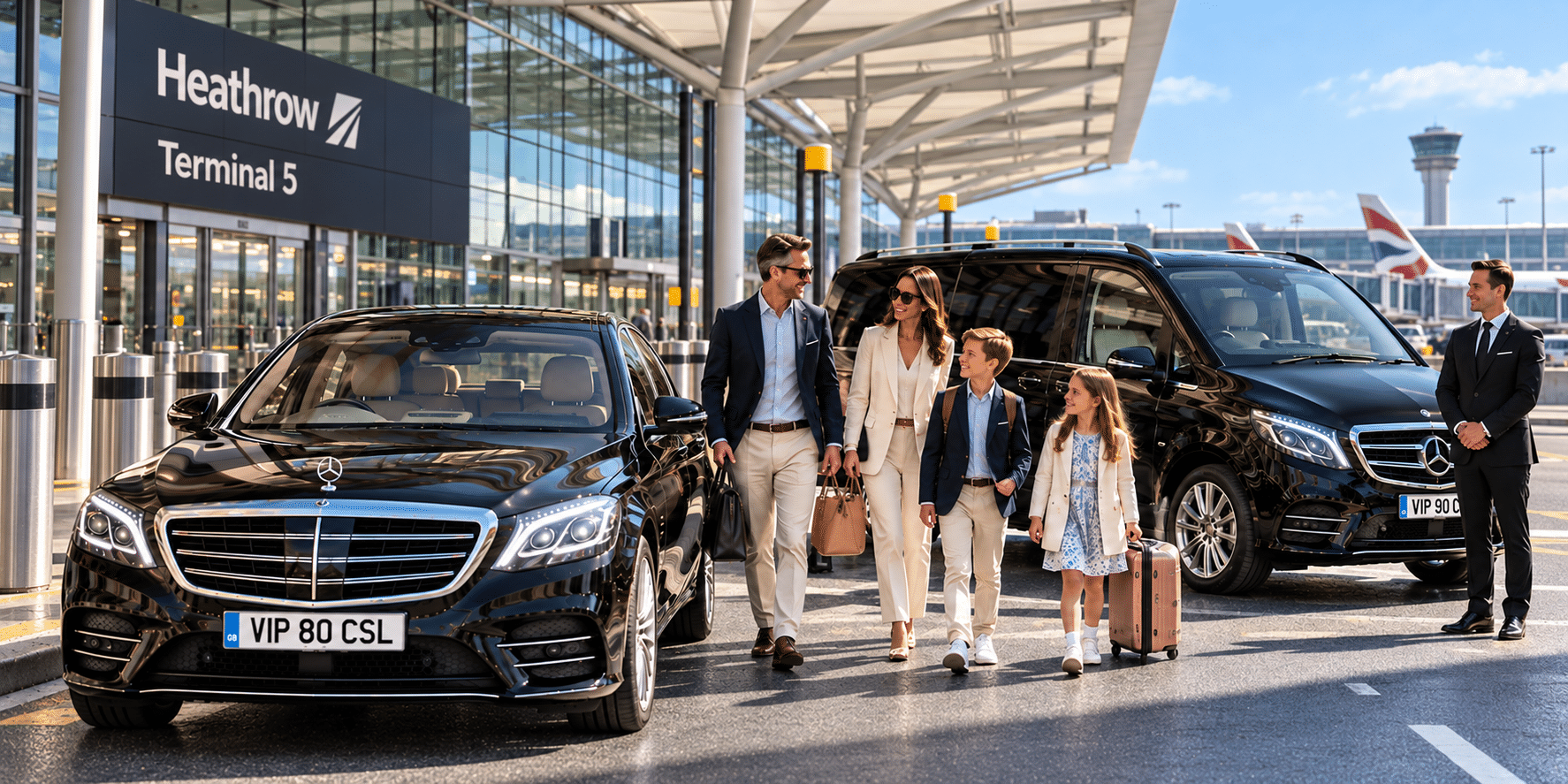 Chauffeur greeting passengers inside the Heathrow Airport Arrivals Hall.