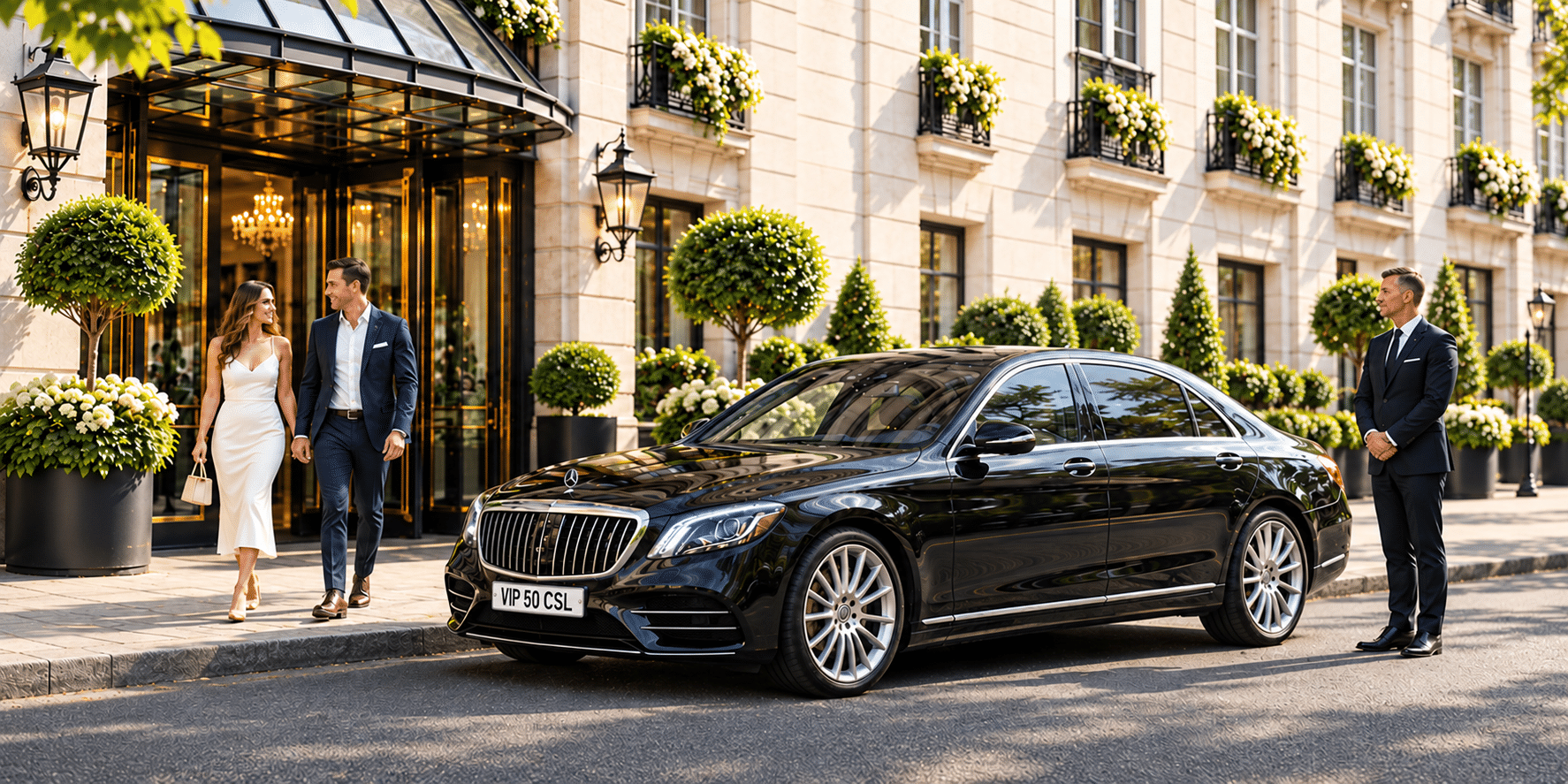 Mercedes-Benz S-Class with a professional chauffeur welcoming guests outside a London hotel